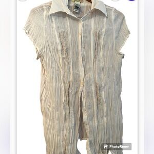 Stamp 10 Women's Crinkled Polyester Sheer Button Blouse Top Lace Accents ~ Sz 12